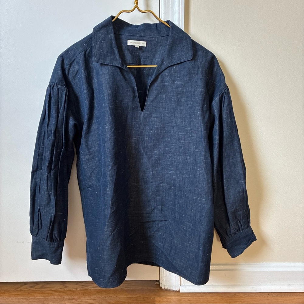 Ann Mashburn cotton blend split neck pullover top blue size S